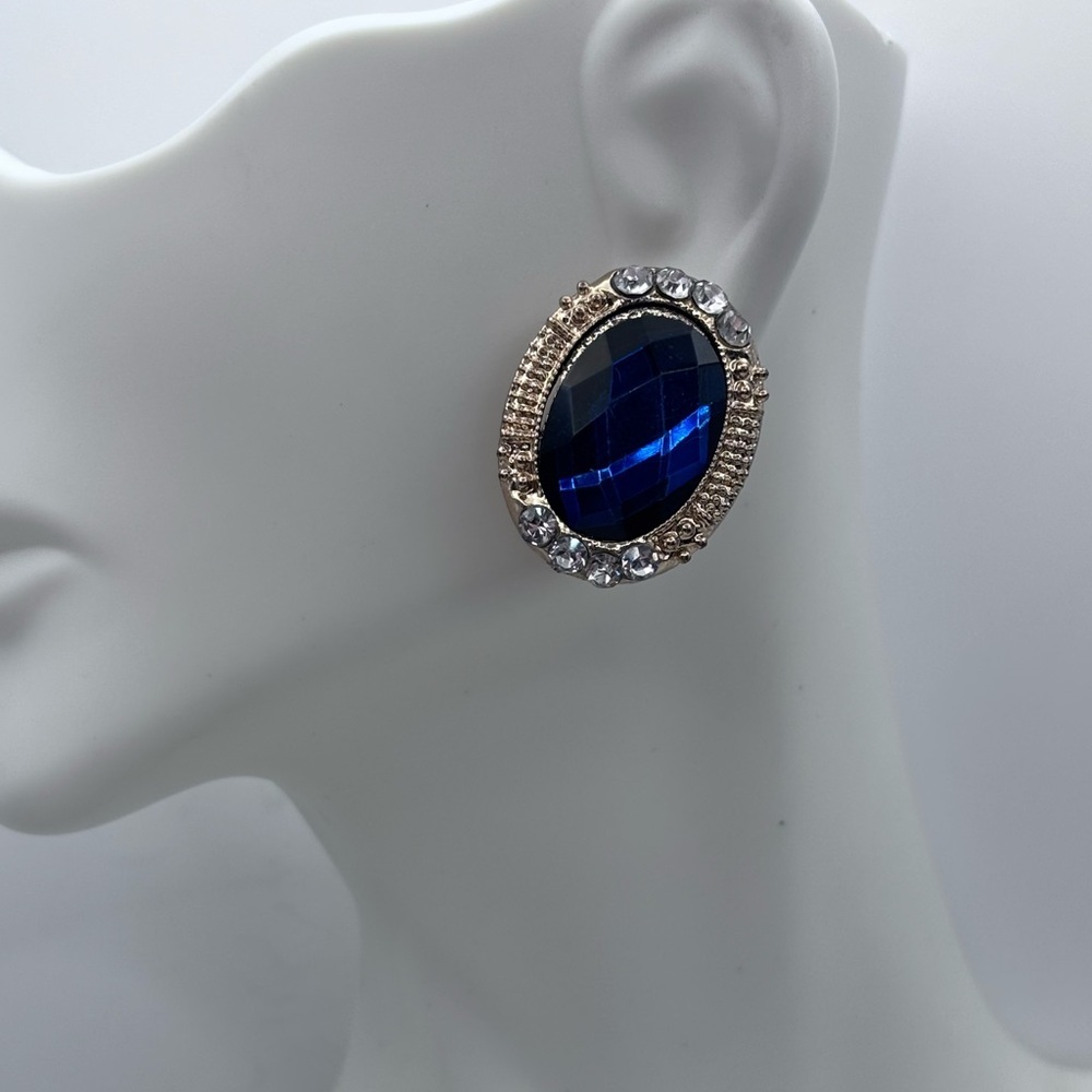 Vintage Cobalt Blue & Gold Rhinestone Clip-On Earrings